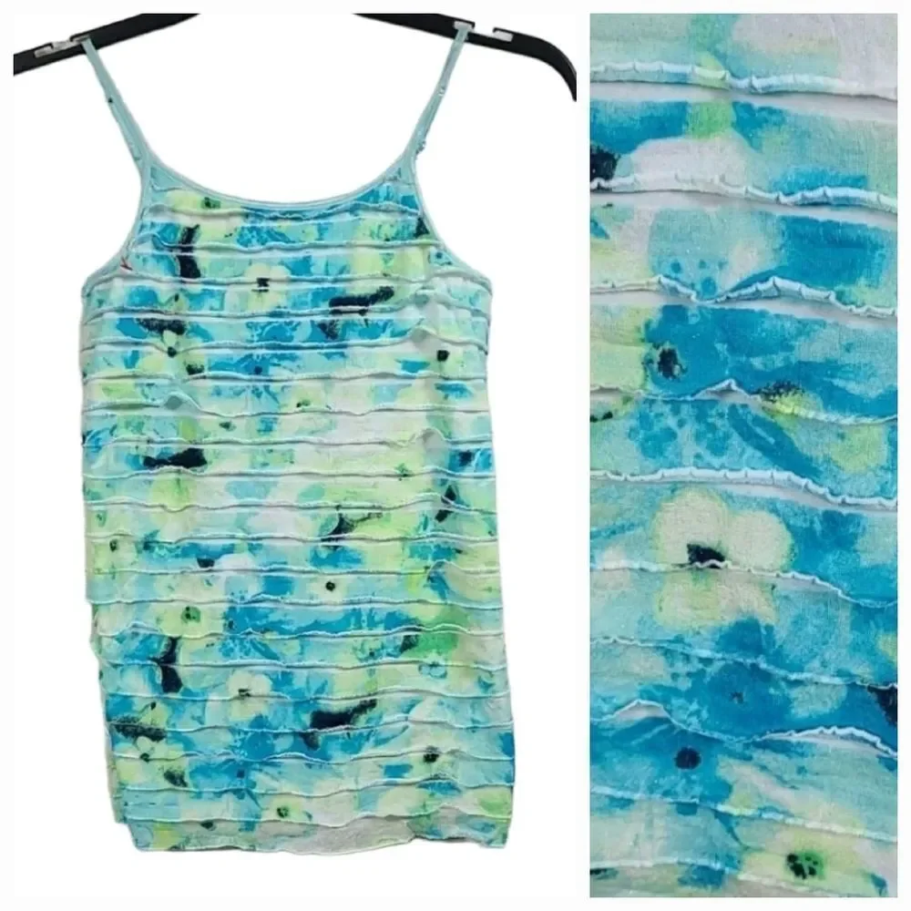 Justice Floral Tank Top Girls 14 Blue Green Tiered Ruffle Cami Shimmer Breezy L